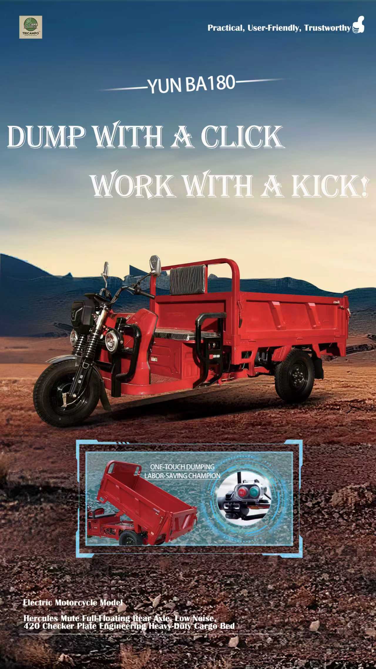 Large tricycle with manual-dumping pre-order deposit